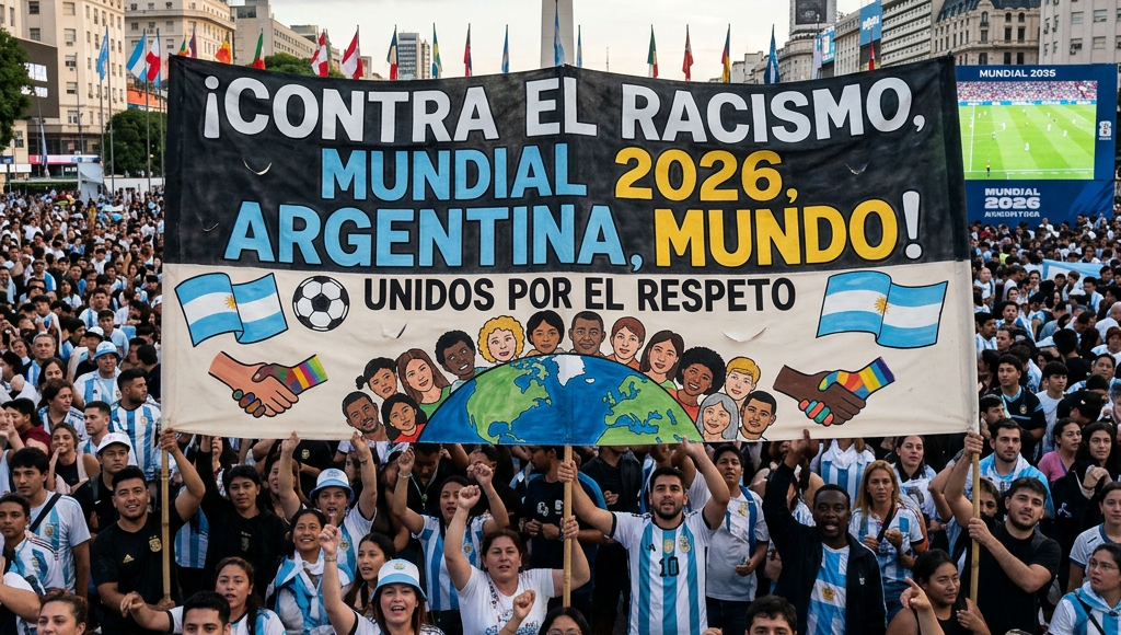 Crowd holding banner reading 'Against Racism, 2026 World Cup, Argentina, World! United for Respect'