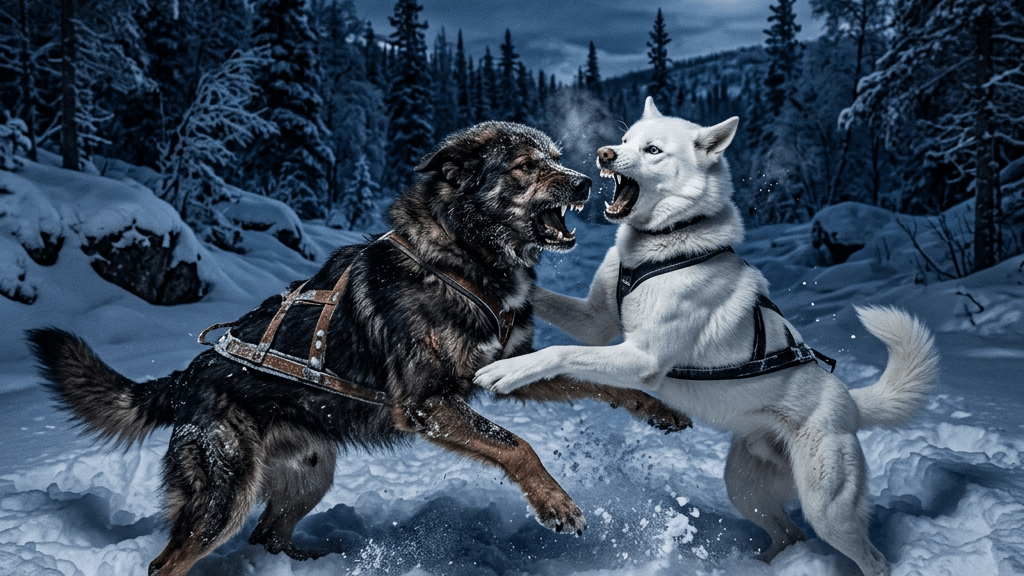 Two huskies snarling and standing on hind legs in snow at night