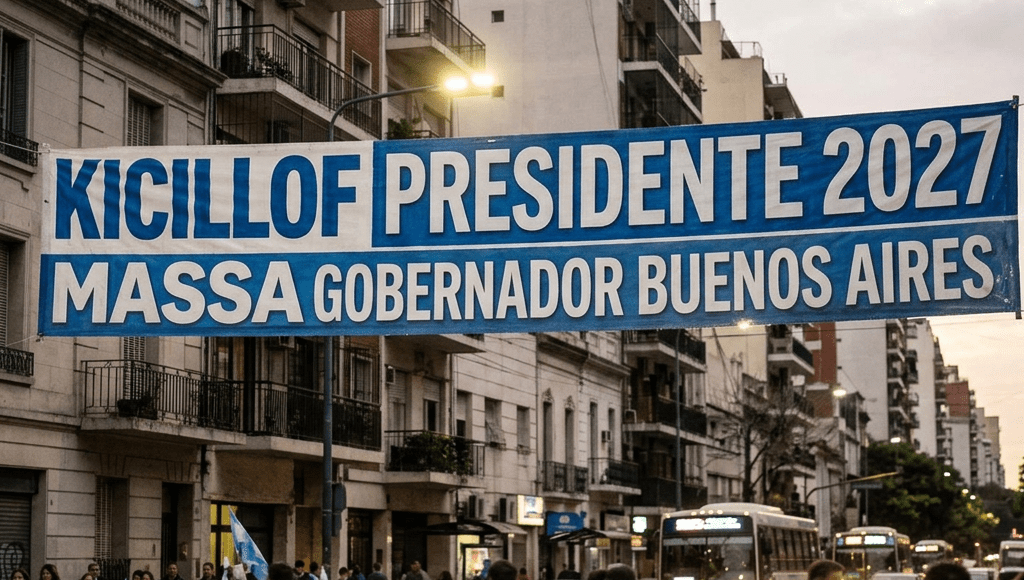 Street scene with political banner reading 'Kicillof Presidente 2027 Massa Gobernador Buenos Aires' and people walking with flags