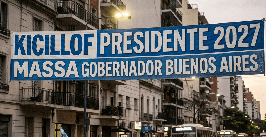 Street scene with political banner reading 'Kicillof Presidente 2027 Massa Gobernador Buenos Aires' and people walking with flags