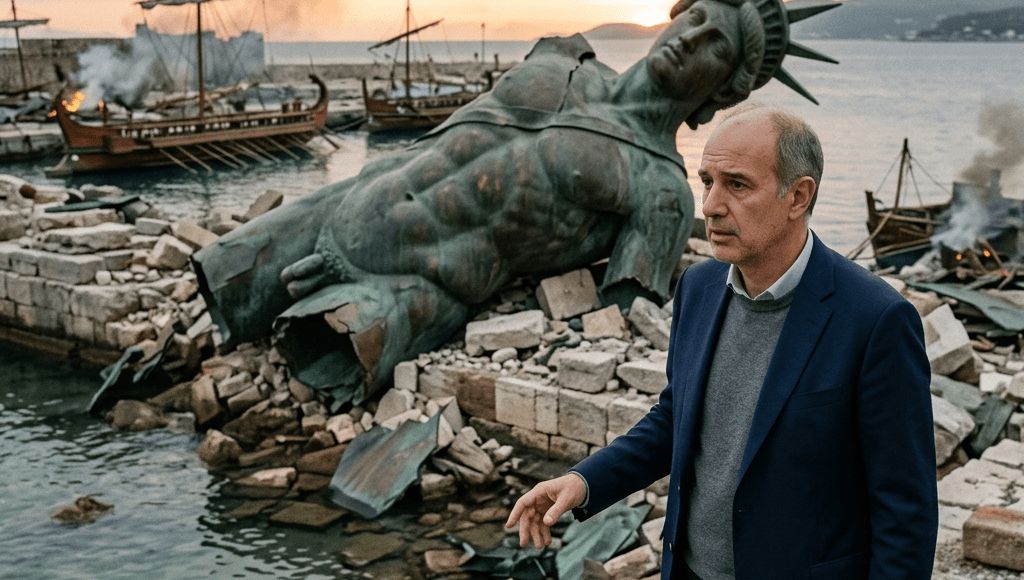 A man in a suit near a toppled statue of Liberty with Viking ships and smoke in background