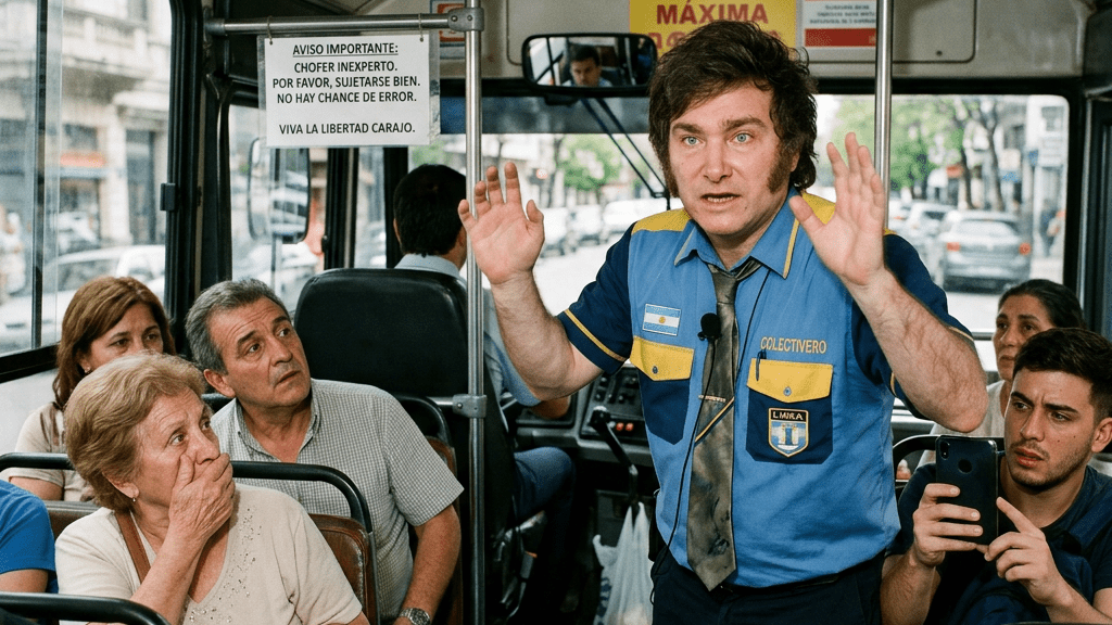 Uniformed man speaking on a bus; signs read “CAPACIDAD MÁXIMA” and “AVISO IMPORTANTE: CHOFER INEXPERTO.”