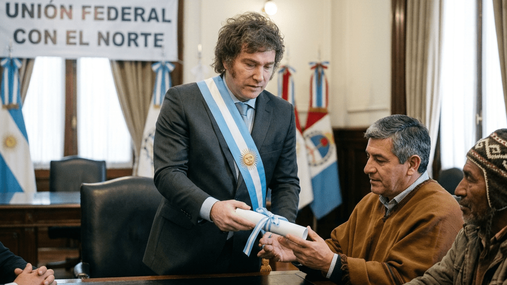 Ceremonia oficial con banda presidencial y cartel «UNIÓN FEDERAL CON EL NORTE»