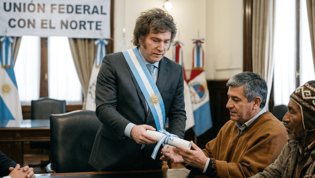 Ceremonia oficial con banda presidencial y cartel «UNIÓN FEDERAL CON EL NORTE»