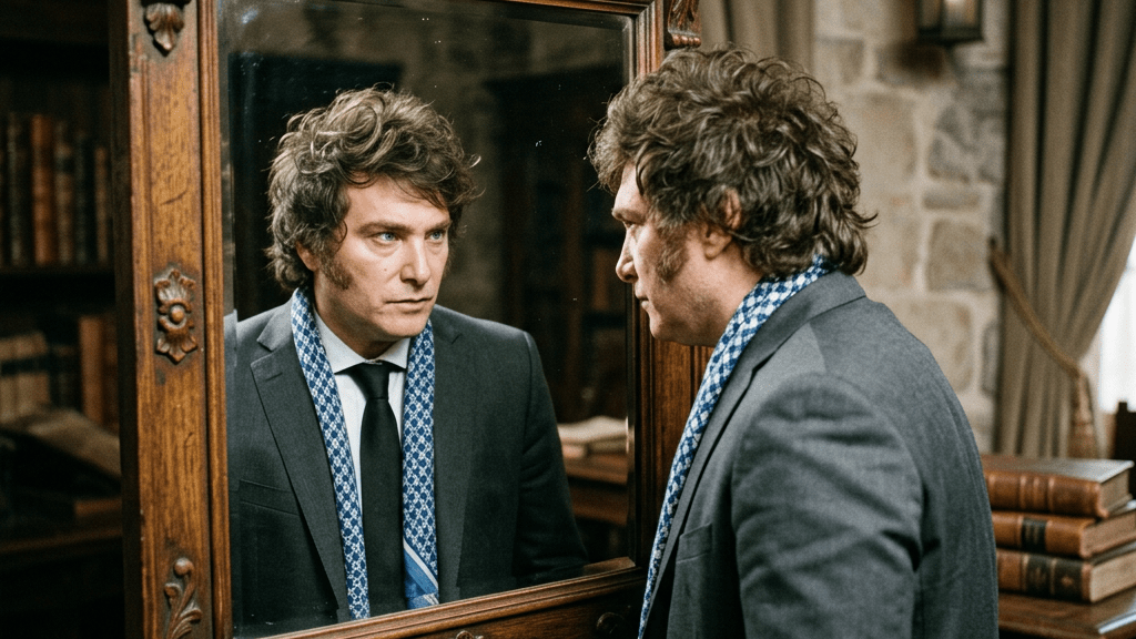 Man examining ornate mirror labeled “EL ESPEJO DE MOISÉS”