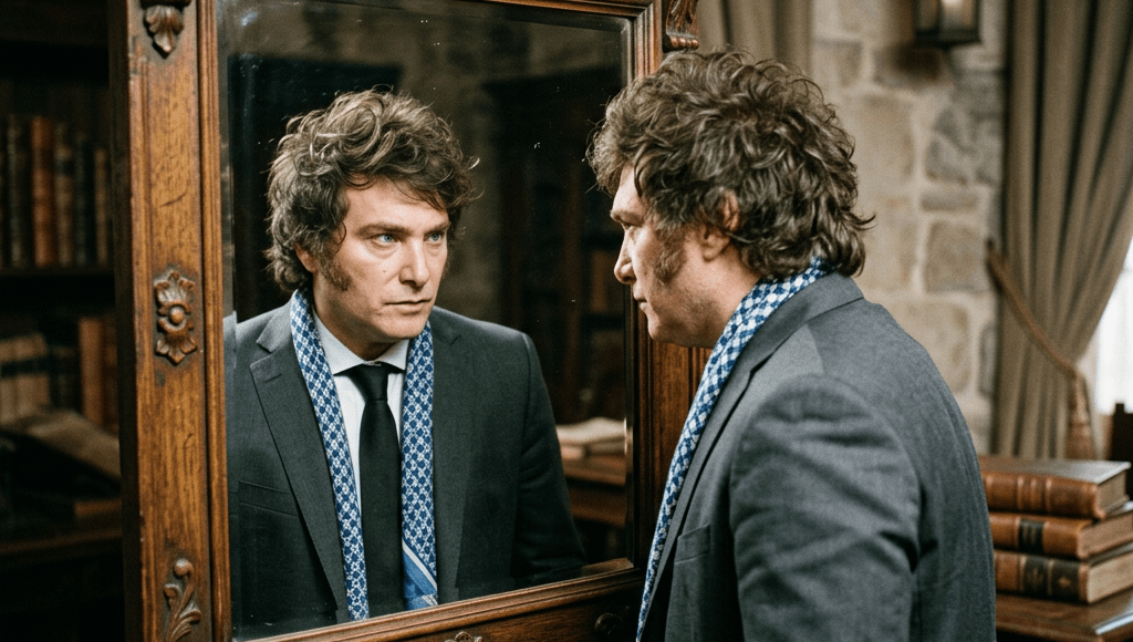 Man examining ornate mirror labeled “EL ESPEJO DE MOISÉS”