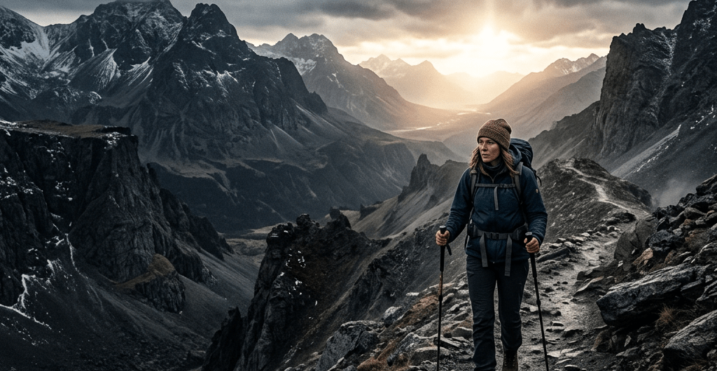Hiker trekking with poles along a rocky alpine ridge at sunset