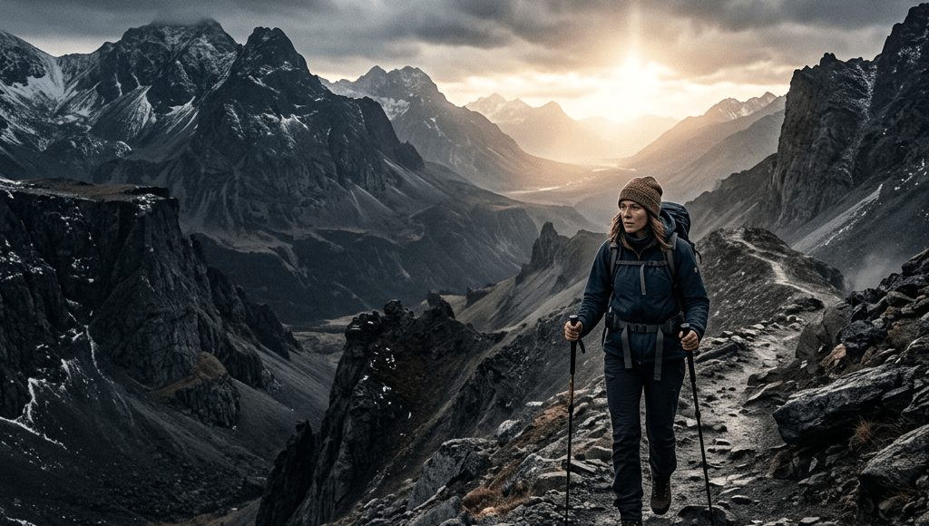 Hiker trekking with poles along a rocky alpine ridge at sunset