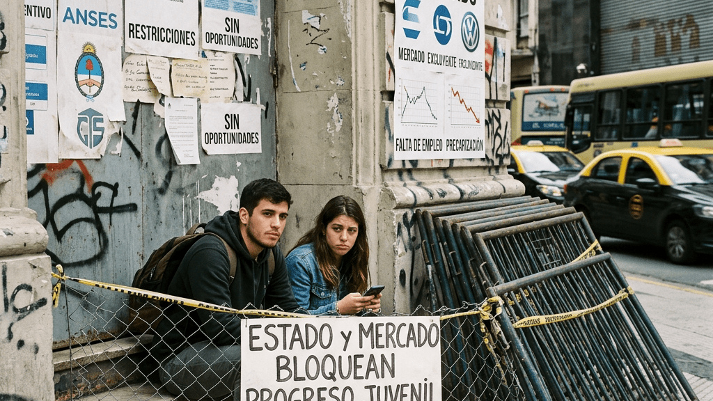 Two youths protest behind barricade; signs read “Estado y Mercado Bloquean Progreso Juvenil en Argentina.”