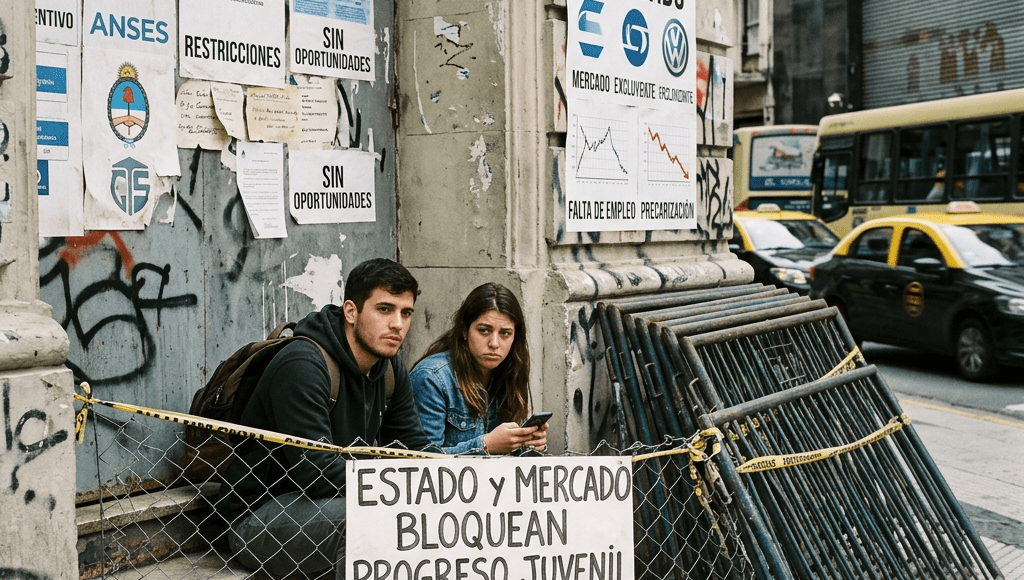 Two youths protest behind barricade; signs read “Estado y Mercado Bloquean Progreso Juvenil en Argentina.”
