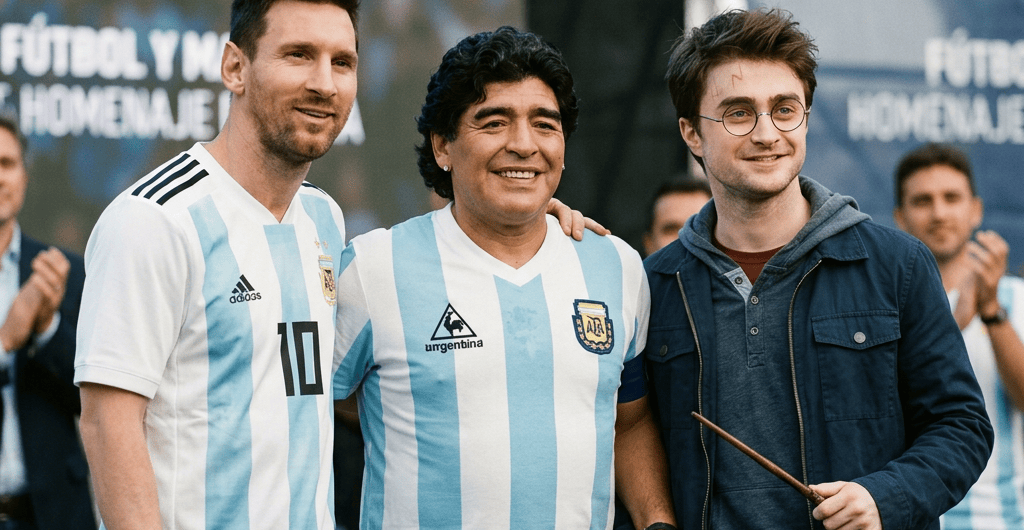 Lionel Messi, Diego Maradona, and Harry Potter in Argentina jerseys at a tribute event