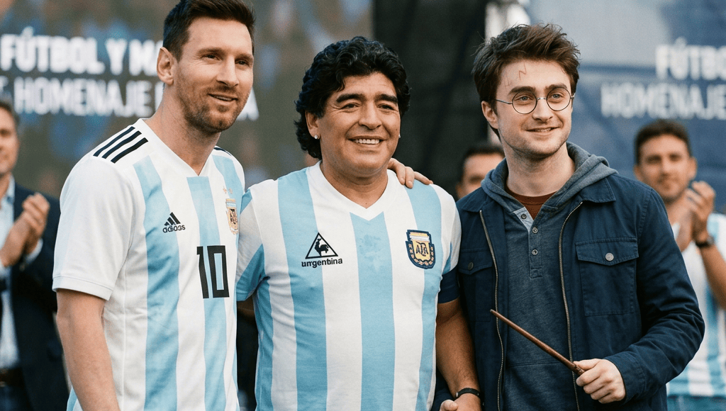 Lionel Messi, Diego Maradona, and Harry Potter in Argentina jerseys at a tribute event