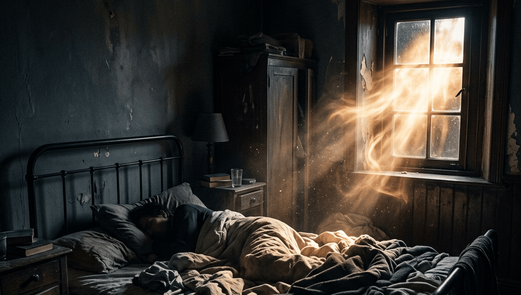 Sleeping person in a worn bedroom lit by sunlight through a window