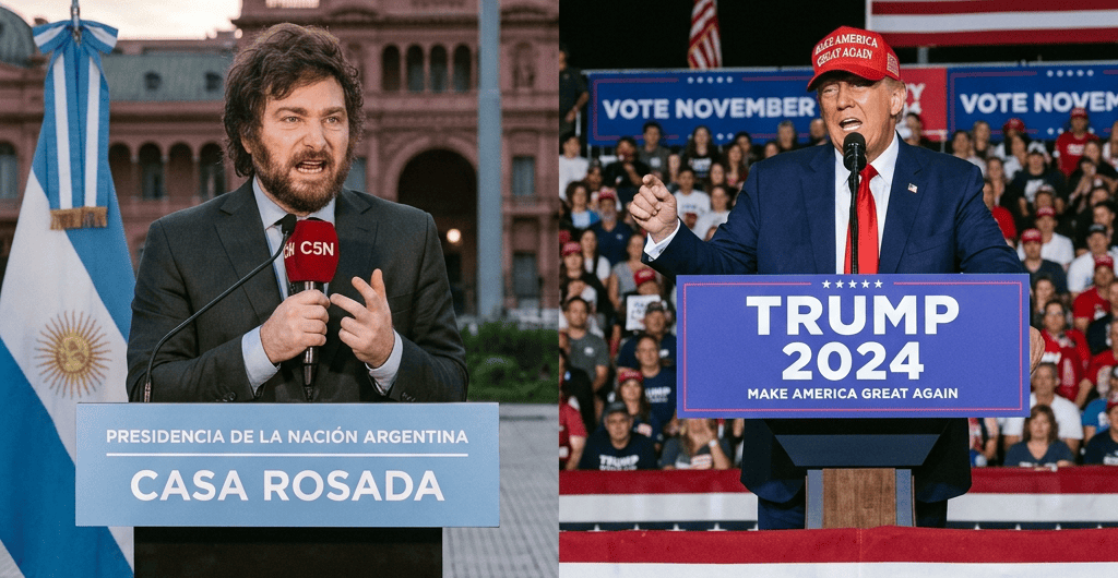 Milei y Trump en mítines; texto: “El futuro político de Milei depende del resultado de Trump en noviembre”.