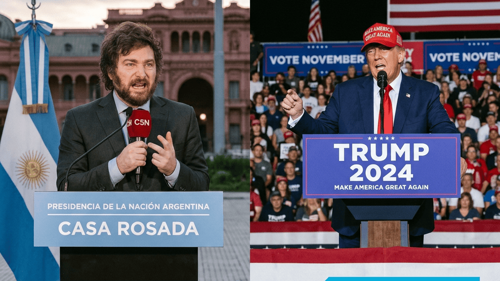 Milei y Trump en mítines; texto: “El futuro político de Milei depende del resultado de Trump en noviembre”.