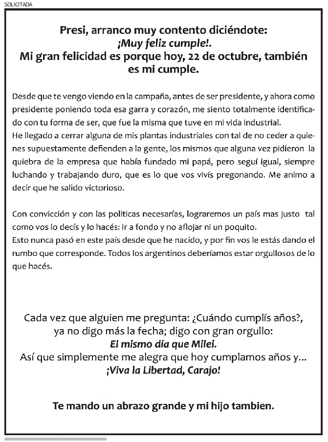 Un anónimo empresario fue el primero en saludar a Milei por su cumpleaños, en una solicitada paga de Clarín