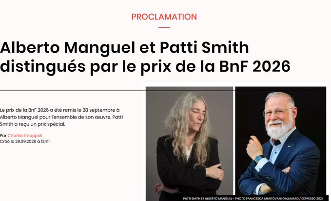 El argentino Manguel y la norteamericana Patti Smith, premiados por la Biblioteca Nacional de&nbsp;Francia
